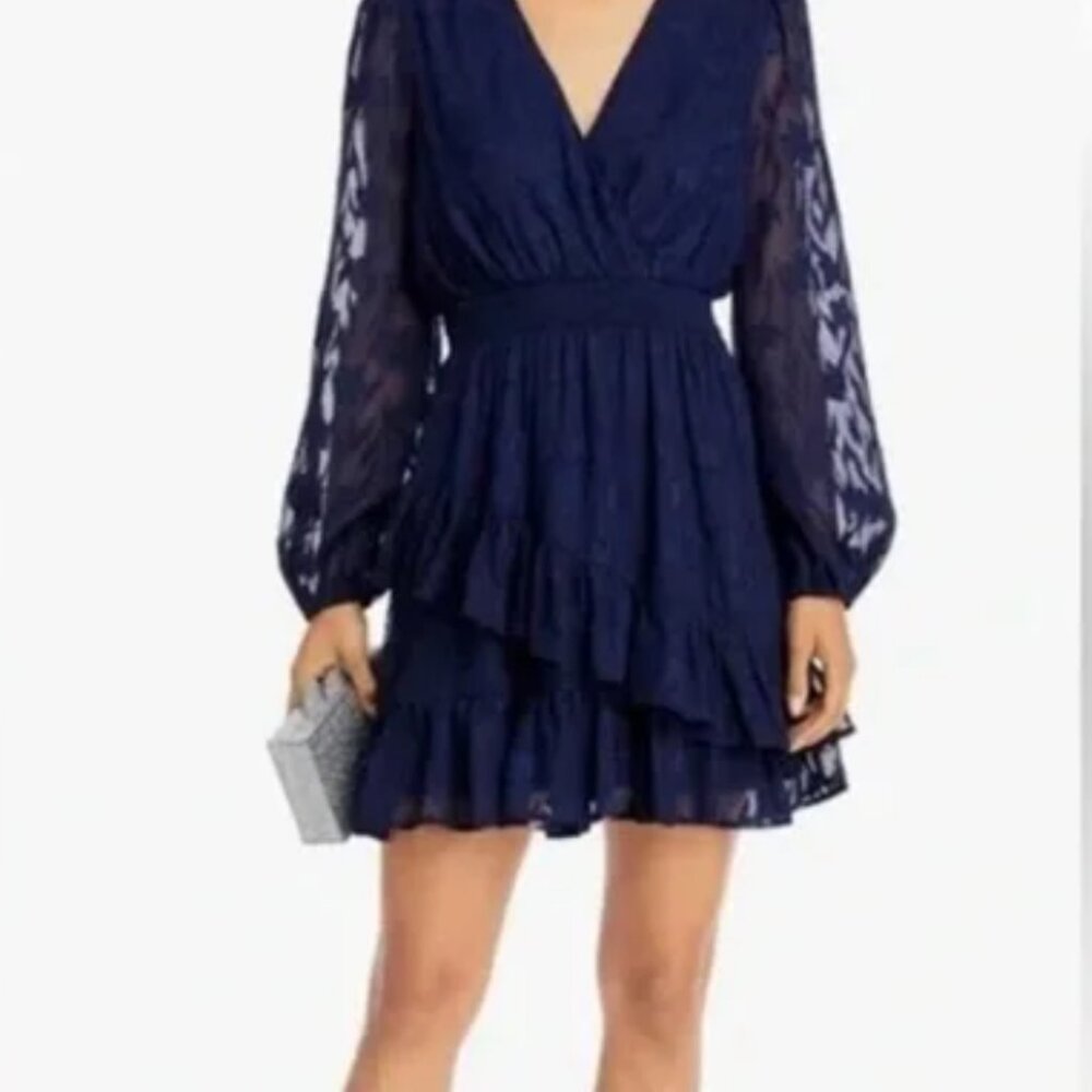 Aqua brand: deep blue mini dress with long sleeves and tiered skirt XS
